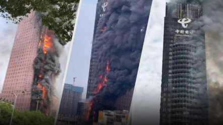 Momento En Que Se Incendia Un Rascacielos En China 